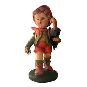 Vintage 10" Ceramic Child‎ Figurine Umbrella Red Hat Green Coat Collectible